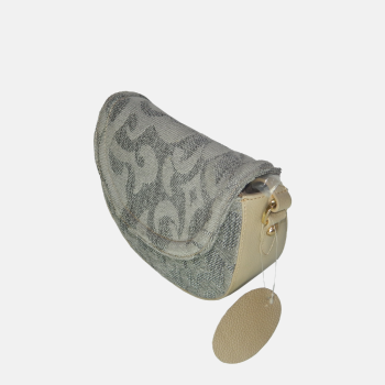 Sac à Bandoulière en Cuir et Tissu Brodé – Gris Taupe